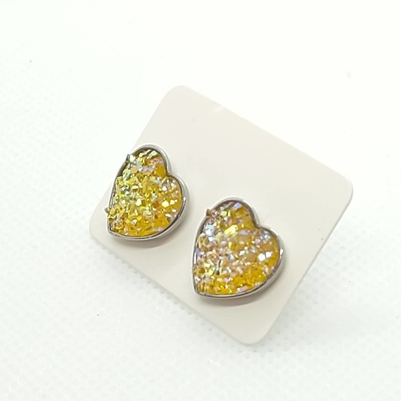 5/$25 Yellow Heart Shaped Druzy Earring Iridescent Studs Hearts Glitter NEW - Picture 5 of 7